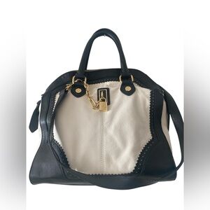 NWOT Emma Fox leather satchel handbag of white and black in pristine condition